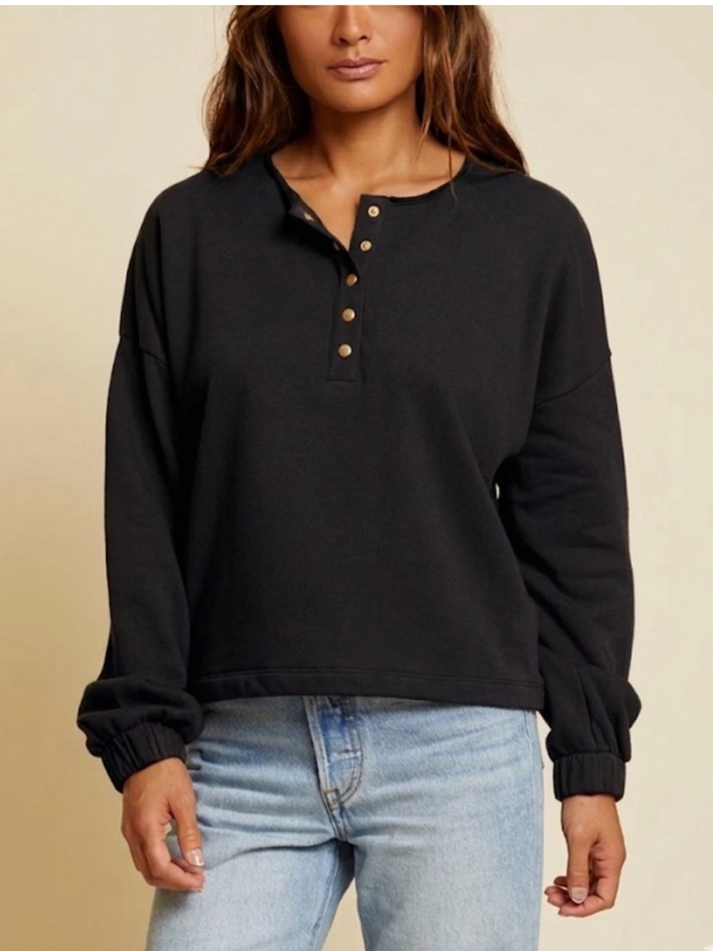 Nation LTD Callan Sweatshirt Fleece Henley Snap Up Button Black Size Medium